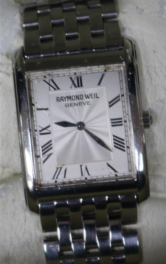 A Raymond Weil stainless steel wrist watch, boxed.